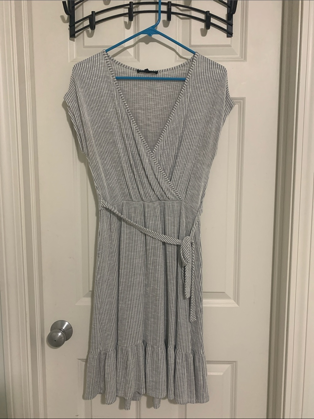 Caution To The Wind Gray and White Striped Midi Wrap Dress